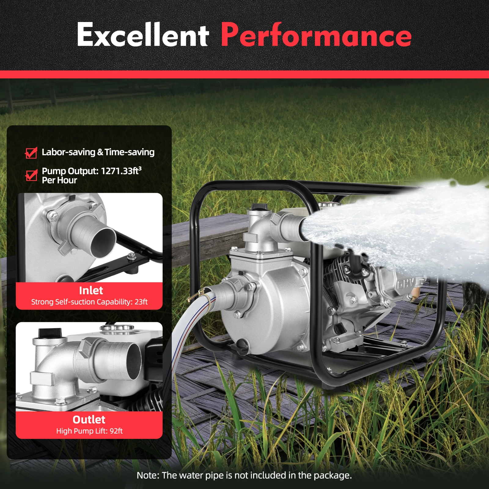 6.5HP Gasoline Water Pump 210CC 4-Stroke Single-Cylinder Manual Start Irrigation Transfer Pump with OHV Engine 4.8KW 3600RPM