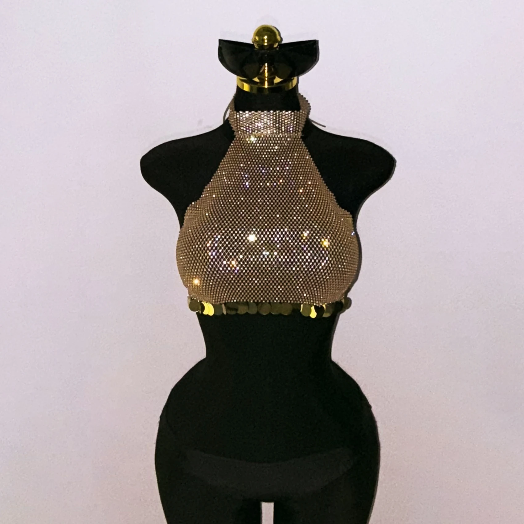 Women Elastic Mesh Rhinestone Tank Top Sexy Perspective Hollow Out Fishnet Sequins Tassel Crop Top Rave Party Club Camisole