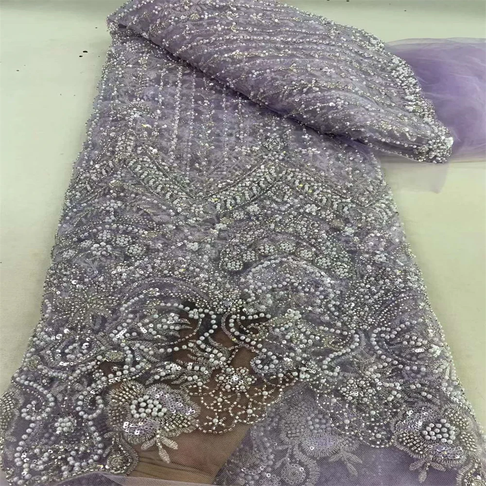 Tela de encaje de malla francesa para vestido de novia, tejido de tul francés con lentejuelas y cuentas de lujo, diseño africano, novedad de 2024