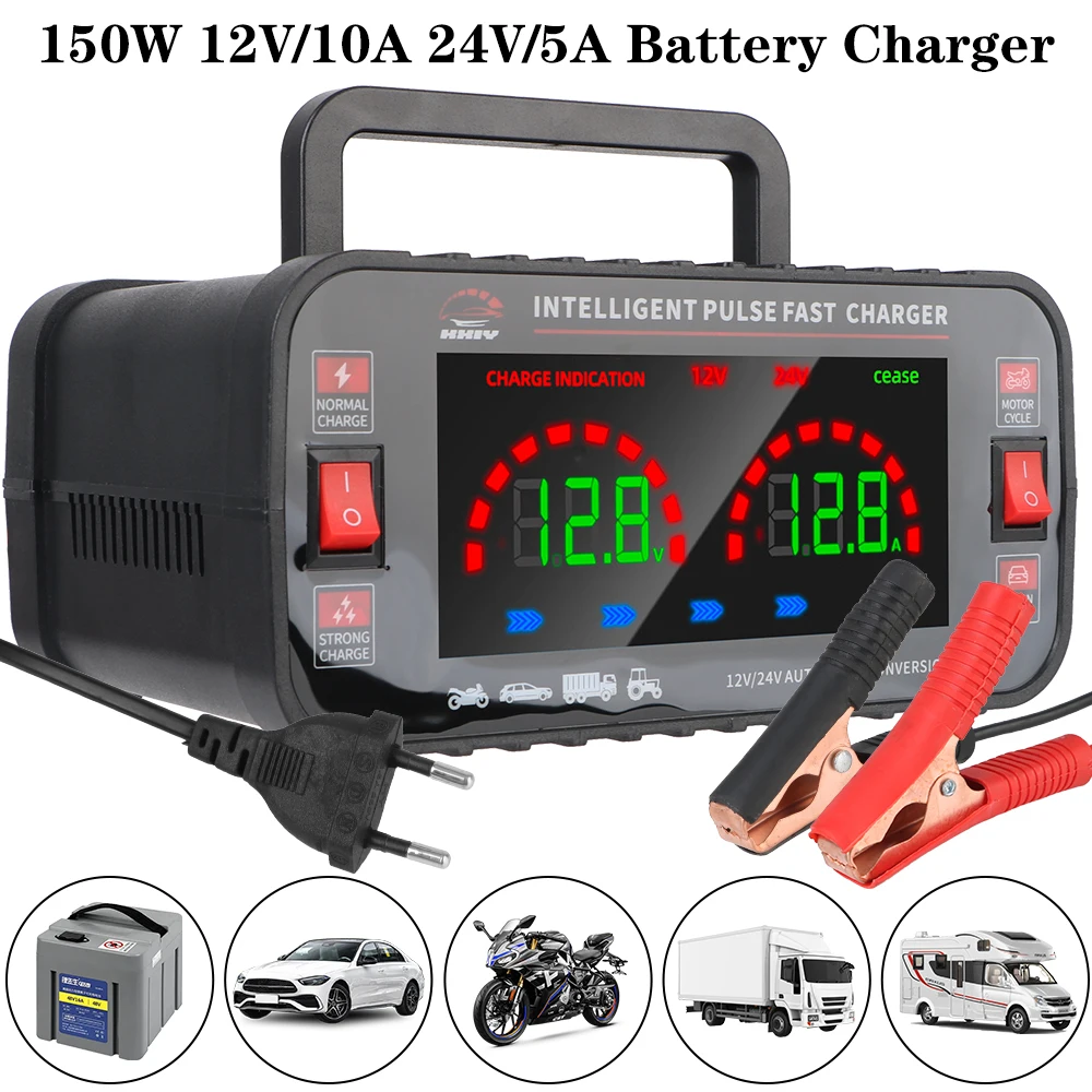 High Power EU Plug Pulse Repair 150W 12V/10A 24V/5A Fully Automatic Car Battery Charger For Lead Acid AGM GEL Batteries