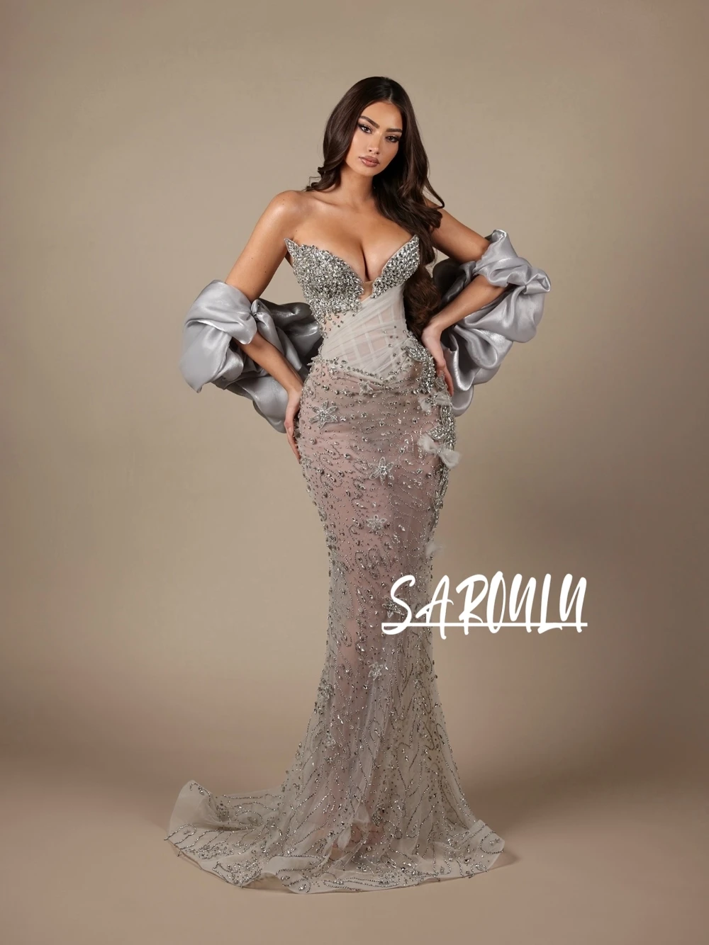 Illusion Mermaid Evening Dress With Ruffled Cape Glitter Beaded Crystals Sequined Cocktail Gown Statement Deep V Neck Wear
