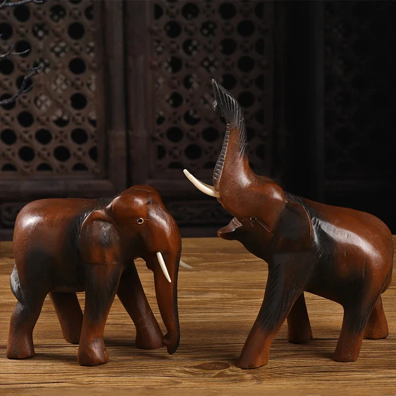 Thai Craft Solid Wood Carving Elephant, TV Cabinet Display Shelf Ornament, Home Desktop Decor, Decorative Item