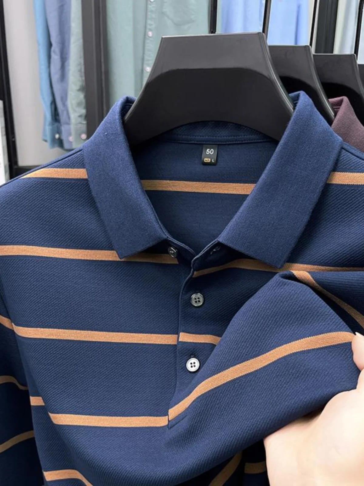 Business Casual Long Sleeve  Shirt for Men Spring Autumn Striped Necktie Top Middle-aged Dad Style Breathable Polyester