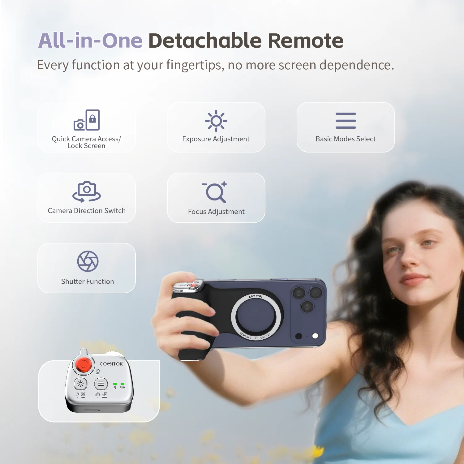 قبضة هاتف COMITOK المغناطيسية مع مقبض تصوير محمول للتحكم عن بعد لمقاطع فيديو مدونة فيديو iPhone، عملية سهلة بيد واحدة