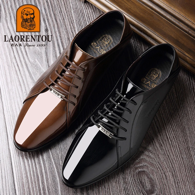 LAORENTOU layer cowhide breathable business dress leather shoes with  lace up middle heel, Derby groom\'s wedding shoes 20222