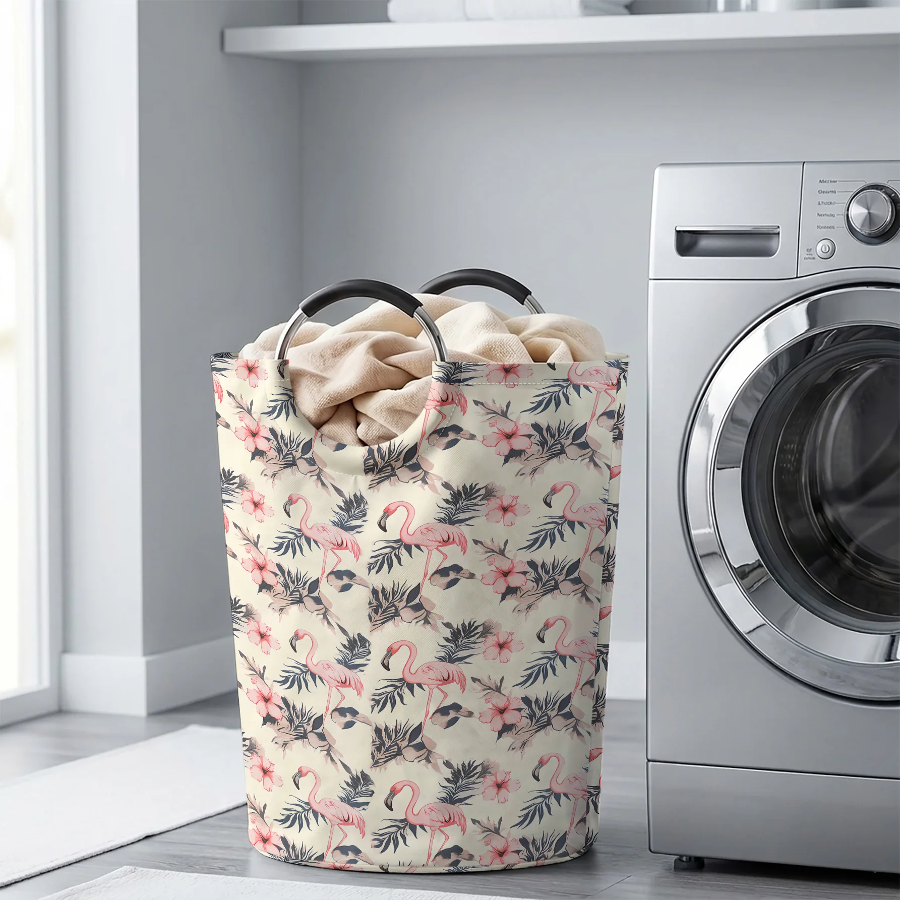 Flamingo & Floral All‑Over Print Handheld Storage Basket, For Laundry, Bedroom & Home Sundries Storage