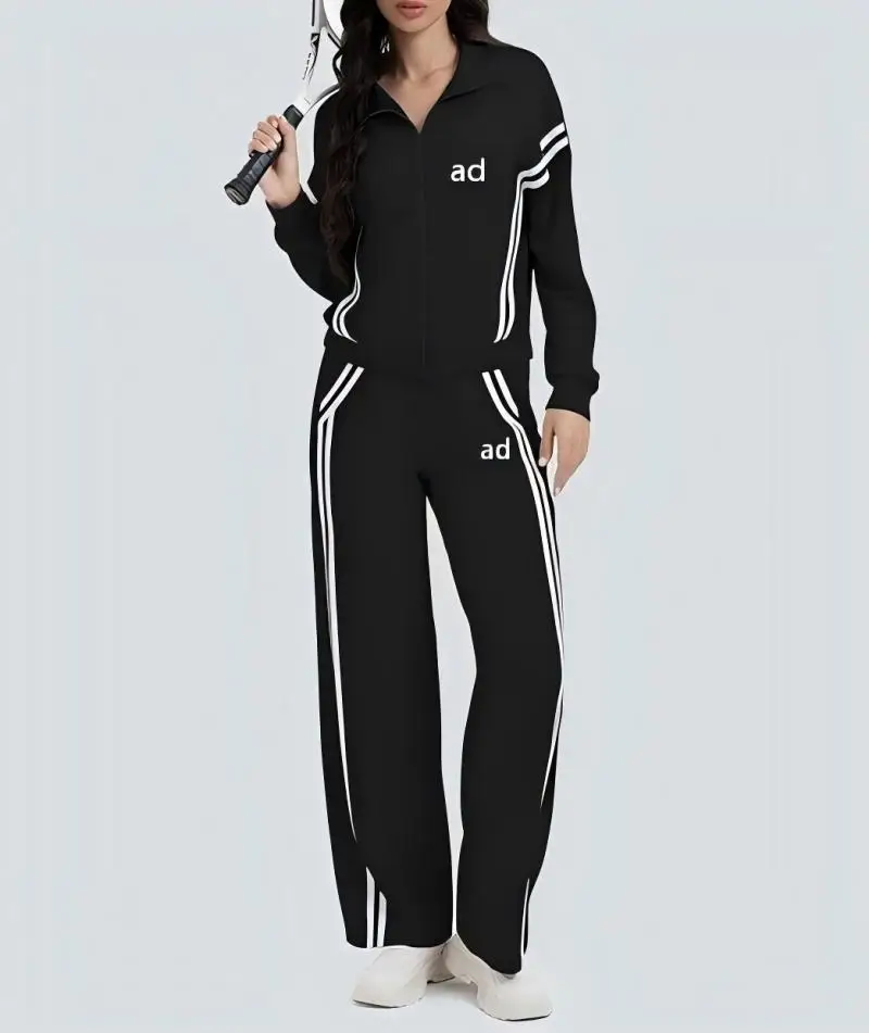 2026 new autumn and winter women's casual zipper sports set, contrasting striped wide leg pants sports two-piece set