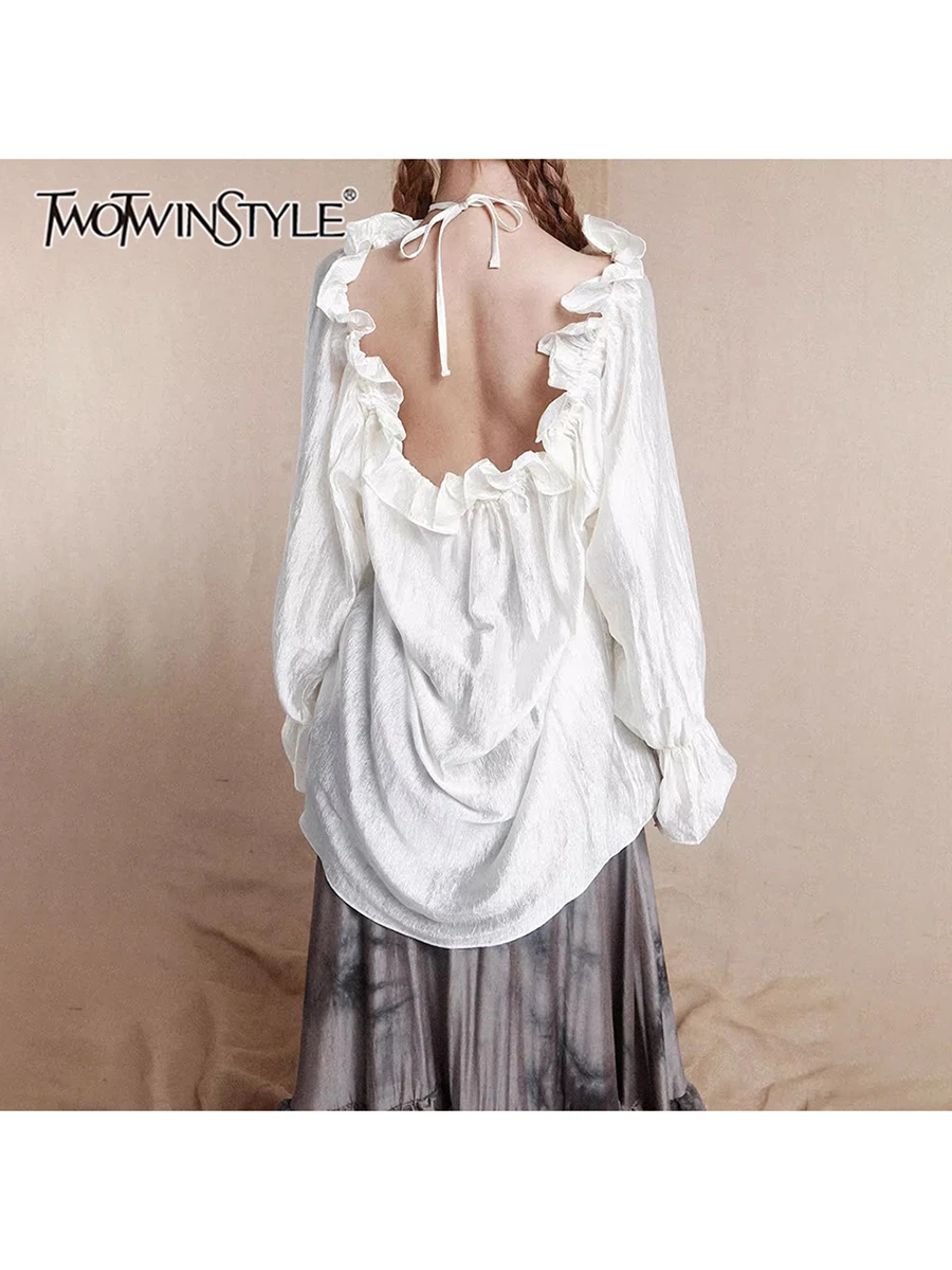 

TWOTWINSTYLE Solid Spliced Ruffles Loose Blouses For Women Slash Neck Long Sleeve Backless Spliced Lace Up Shirts Female Fashion