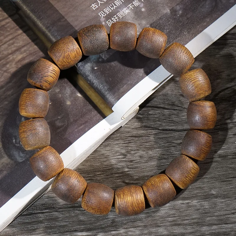Chinese Lucky Yellow Qinan Agarwood Bracelet Unisex Straight Cut Wood Beads Prayer Mala Blessing Wealth Jewelry Collection Gift