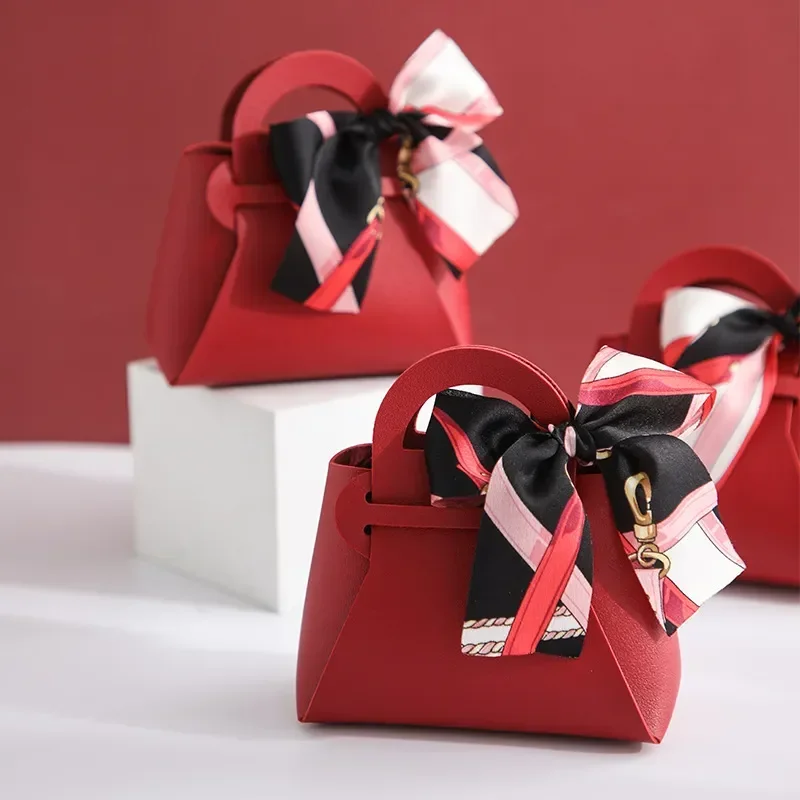 10 PCS Leather Gift Box Creative Handbag Shape Ribbon Bow Temperament Small Boxes for Gifts Baby Shower Candy Box Packaging