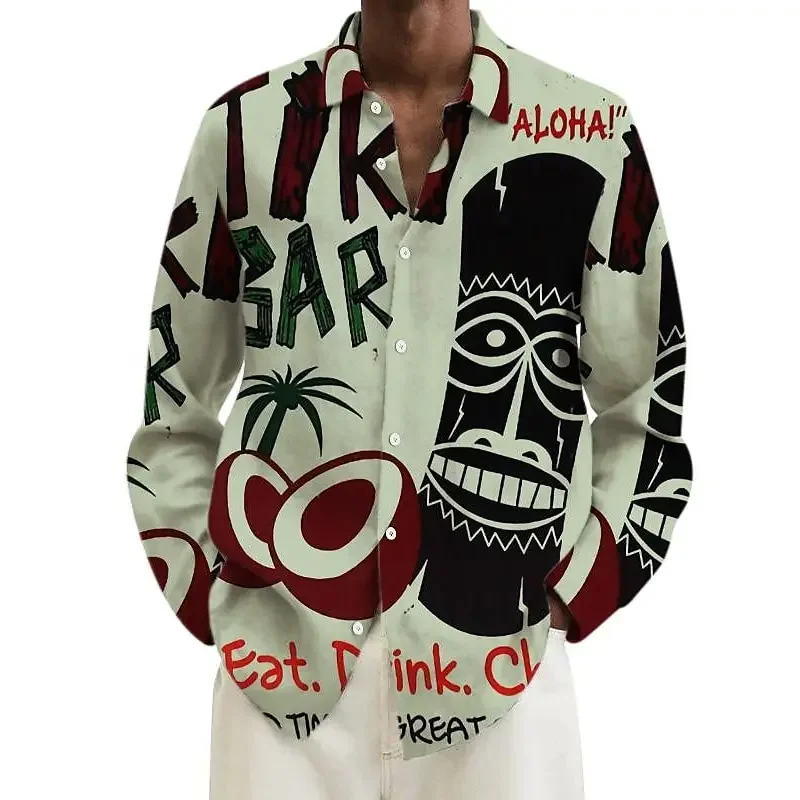 Kaus Lengan Panjang Vintage pria, kemeja Hawaii kasual kerah terbuka atasan masker abstrak bermotif nyaman