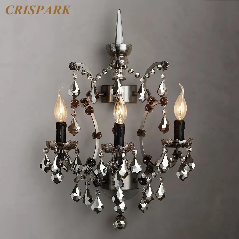 19th C. Rococo Iron & Crystal Sconce Classic Three Arms Clear Crystal Wall Light LED Home Decor Rustic Sconce Lamp for Corridor