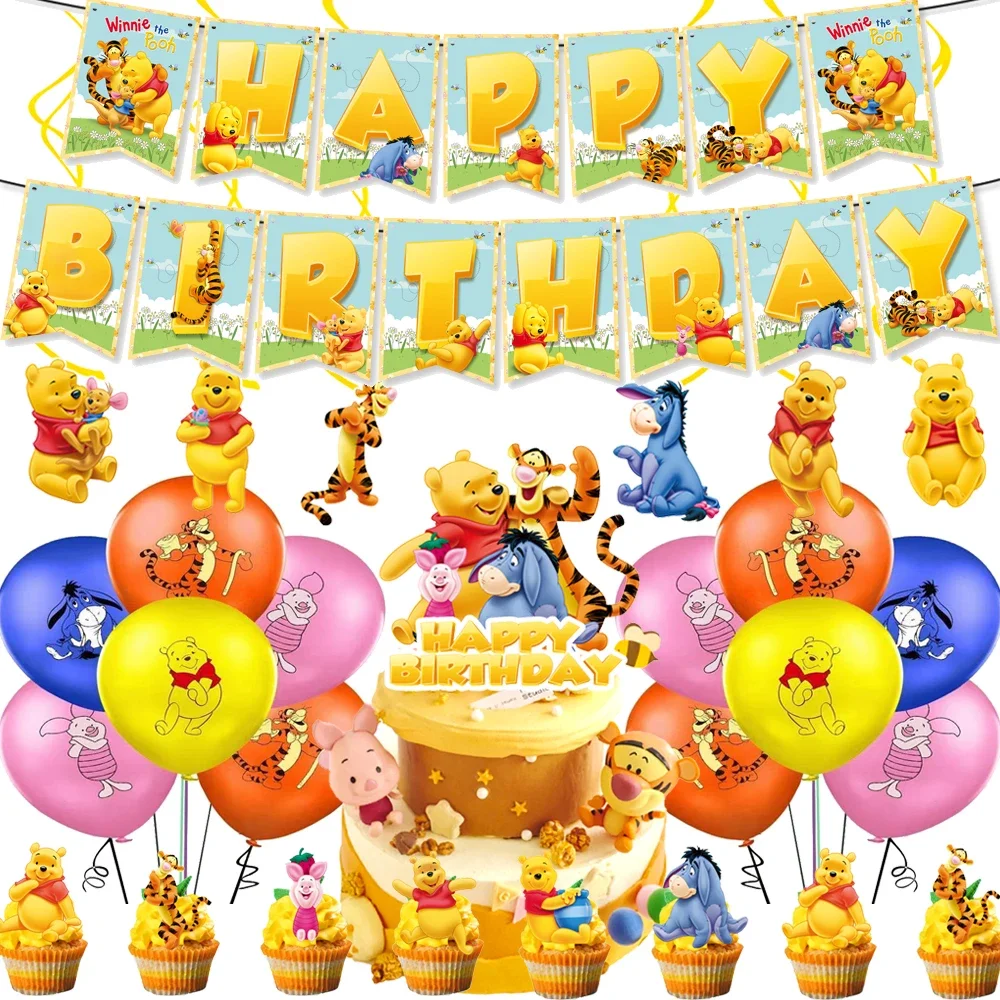 Fournitures de ixd\'Anniversaire Disney Winnie l\'Ourson, Décorations pour Enfants, Bannière, Tasse, Assiette, Ballons, Couverture de Table, Jouet de