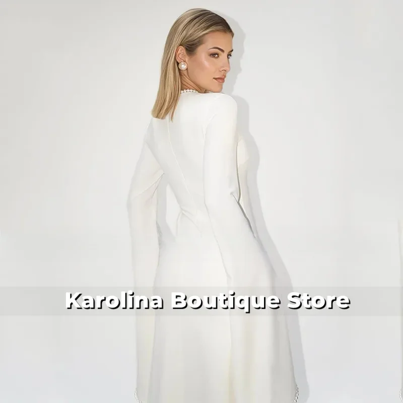 Robe de soirée modeste perles col rond manches longues une ligne robes de soirée modernes pour les femmes longueur de plancher robes d'invité de mariage ivoire