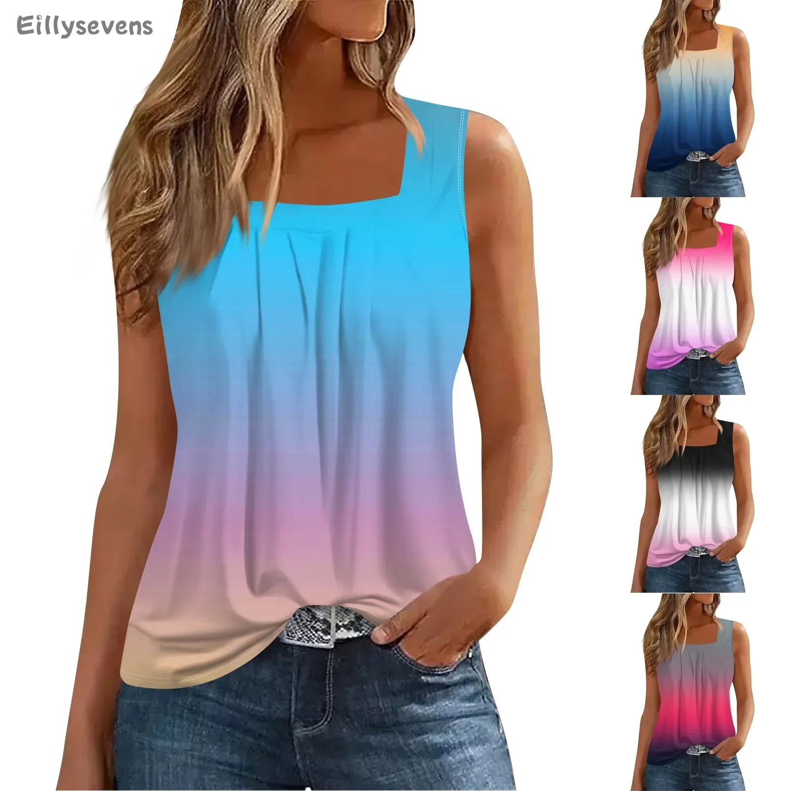 Women's Sleeveless gradient tops Summer Casual Loose blouse Square Neck Fashion personalized outfits Tank Top ropa de mujer