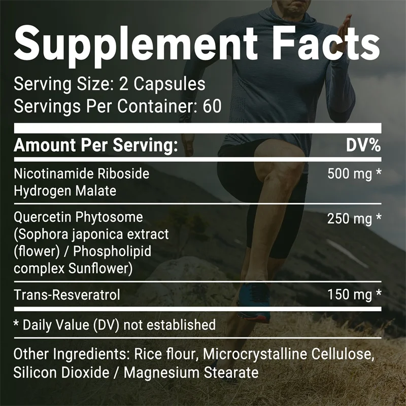 NAD+ Nicotinamide Riboside - with Quercetin & Resveratrol, Antioxidant, Supports Cell Health, Brain, Vision and Heart Health