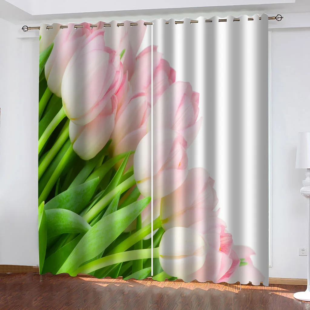 

HUANZHUANG Home Interior Curtains Pink Tulip Print Curtain 3D Print Bedroom Living Room Window Blackout Partition Style Home