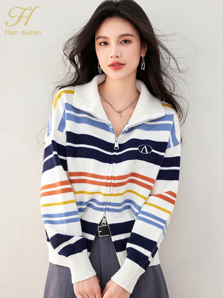 H Han Queen 2024 Winter Vintage Color Blocking Stripes Knitted Cardigan Sweater Women's Tops Basic Long Sleeve Zippered Knitwear