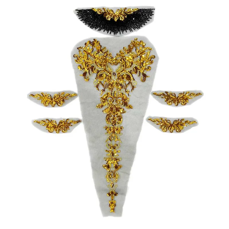 6-teiliges Set mit großen Blumen-Pailletten-Applikationen in Gold, Stickerei-Spitzenapplikationen, Aufnäher zum Nähen oder als Ornamente zur Kleidungsdekoration. – Detail 4