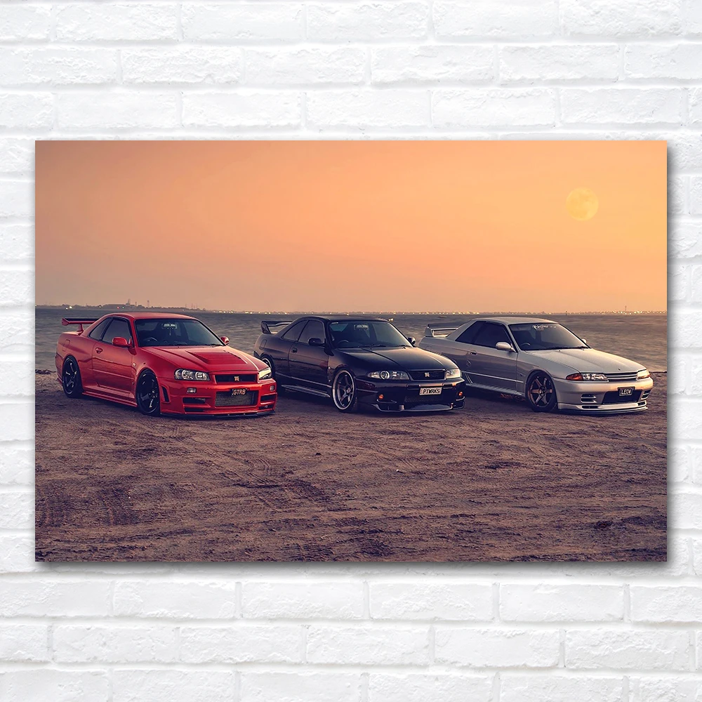 Sports Cars Canvas Painting Skyline GT-R R32, R33, and R34 at Sunset Picture Wall Art Decoration Poster Gifts Home Room Decor