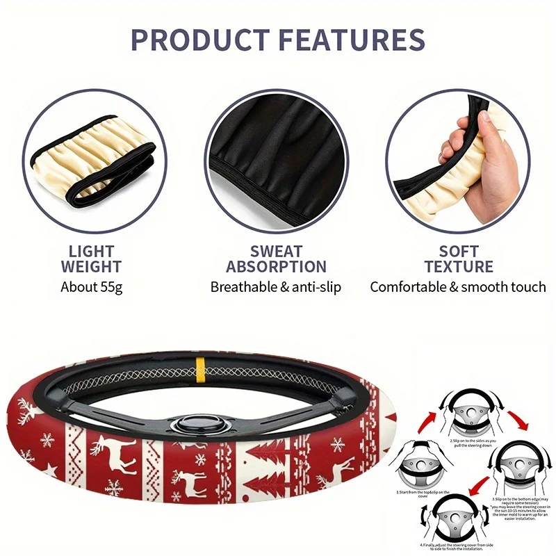 Christmas Themed Car Steering Wheel Cover Material, Red White Reindeer Snowflake Print Festive Auto Interior Decoration