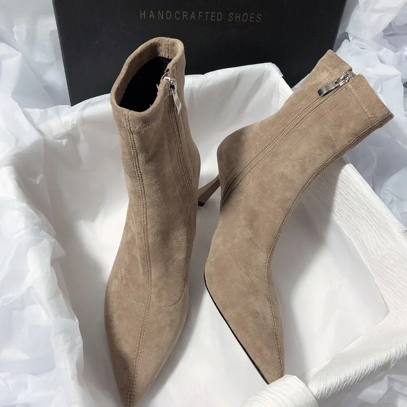 

Vintage Stiletto Booties Fashion Pointed Toe Suede Zipper Non-Slip Wear-Resistant Pumps