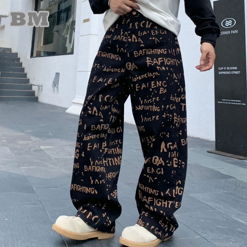 

American High Street Vintage Washed Distressed Letter Print Baggy Jeans Men Hip Hop Trendy Casual Denim Pants Straight Trousers