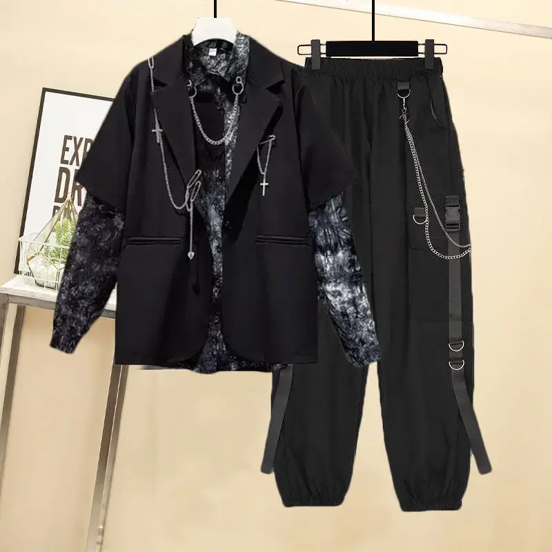 Spring Autumn Women Chain Cargo Pants+Chian Blouse+Chain Vest Women Streetwear Harajuku 3 Piece Set For Women Pants