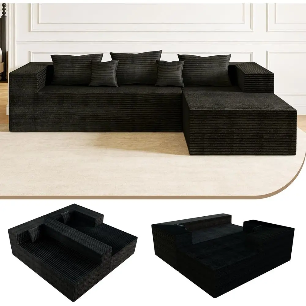 L-Shaped Deep Seated Cloud Couch with Corduroy Fabric and Memory Foam, Living/Bedroom Use, Ready to Use (Black)