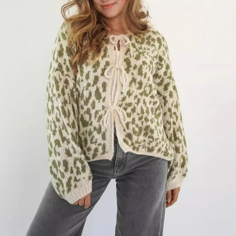 Women Leopard Print Sweater Cardigan Long Sleeve O Neck Spliced Jumpers Casual Knit Lace Up Sweaters Thick Warm Autumn 2026