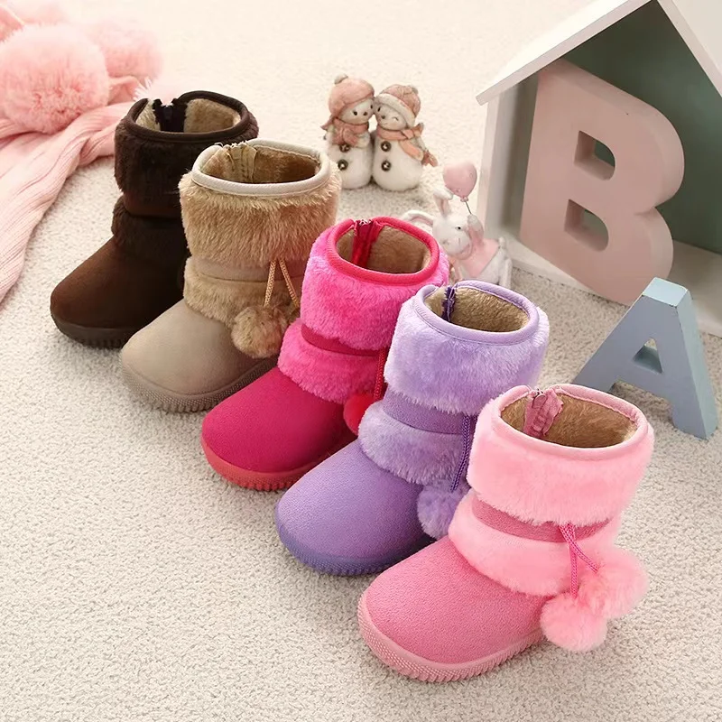 

New Winter Furry Shoes Girls with Cute Hairball Baby Kids High Top Snow Boots Anti-proof Warmer School Children Fur Boots