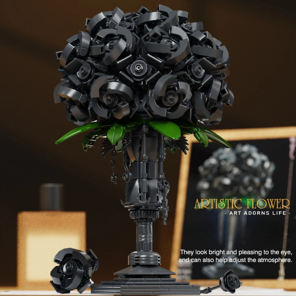 MOC خاص زهرة الورد الأسود هدية باقة اللبنات مجموعة غرفة الزفاف الديكور النبات لعب الأطفال هدايا عيد الحب #4