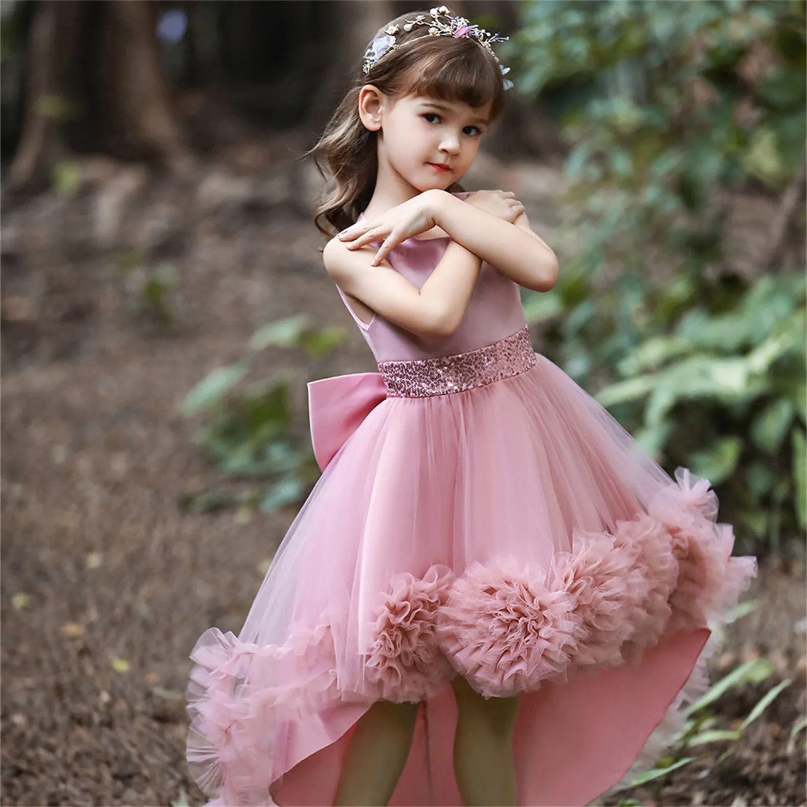 3-13Y Lace Flower Girl Princess Dresses Piano Performance Puffy Dress Elegant Kids Party Gowns Costume Pageant Dress with Tail