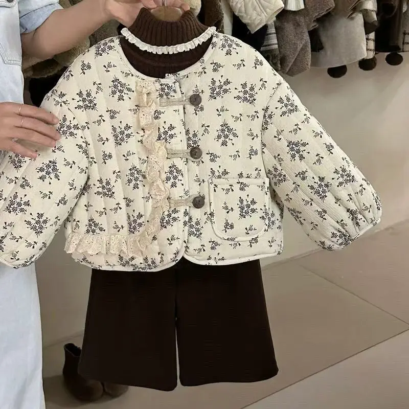Korean Children Clothing Girls Cotton Jacket for Autumn and Winter 2026 New Stylish Retro Thick Floral Cotton Jacket for Girls