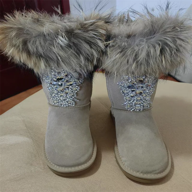 Natural fur rhinestone accessories Snow boots Handmade custom fur one banquet party casual women's cotton shoes 35-44