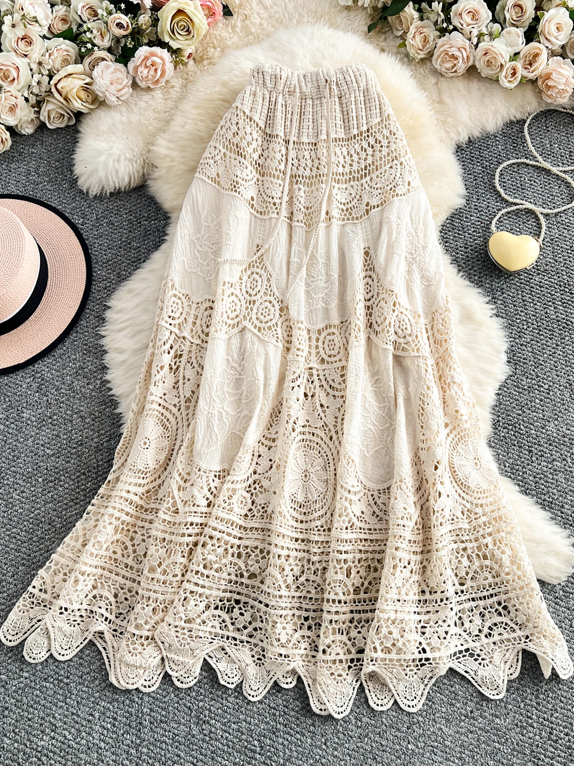 Bohemian Style Hollow out Lace Half Skirt Women's High Waist Drawstring Umbrella Skirt Summer Trendy Korean Version Knitted A...