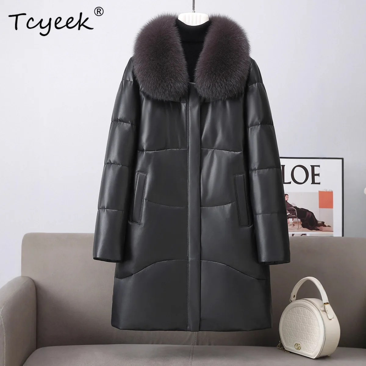 Tcyeek جلد طبيعي أسفل سترة النساء الملابس الشتوية منتصف طويلة معطف جلد الغنم الحقيقي امرأة الدافئة أوزة أسفل معاطف الثعلب الفراء طوق