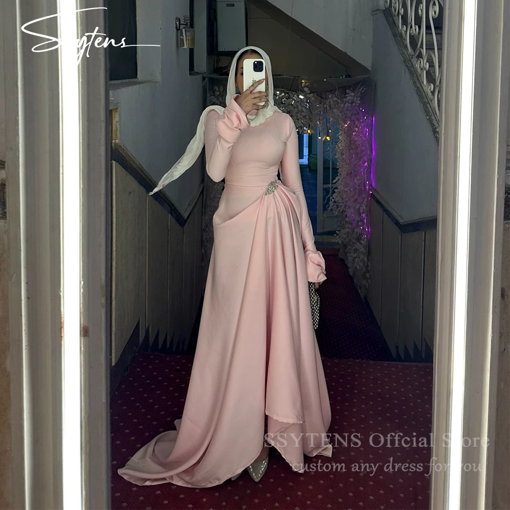 

SSYTENS Chic Muslim Evening Dresses Asymmetric Chiffon Prom Gowns Long Sleeves Beads Modest Pink Abendkleider Dubai Customized