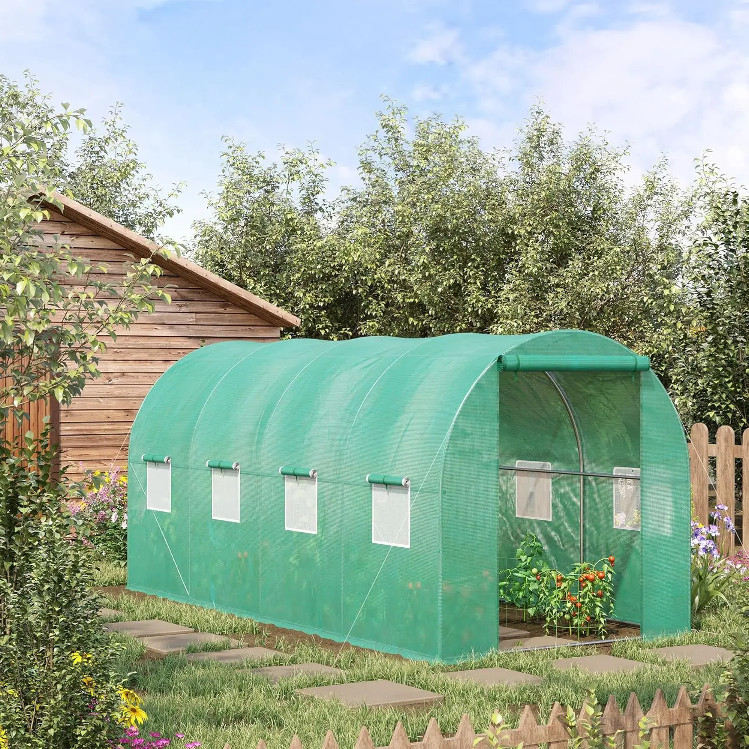 Outsunny 15' X 7' X 6.5' Walk-In Tunnel Hoop Greenhouse, Green House For Outside With Pe Cover, Steel Frame, Roll-Up Zipper