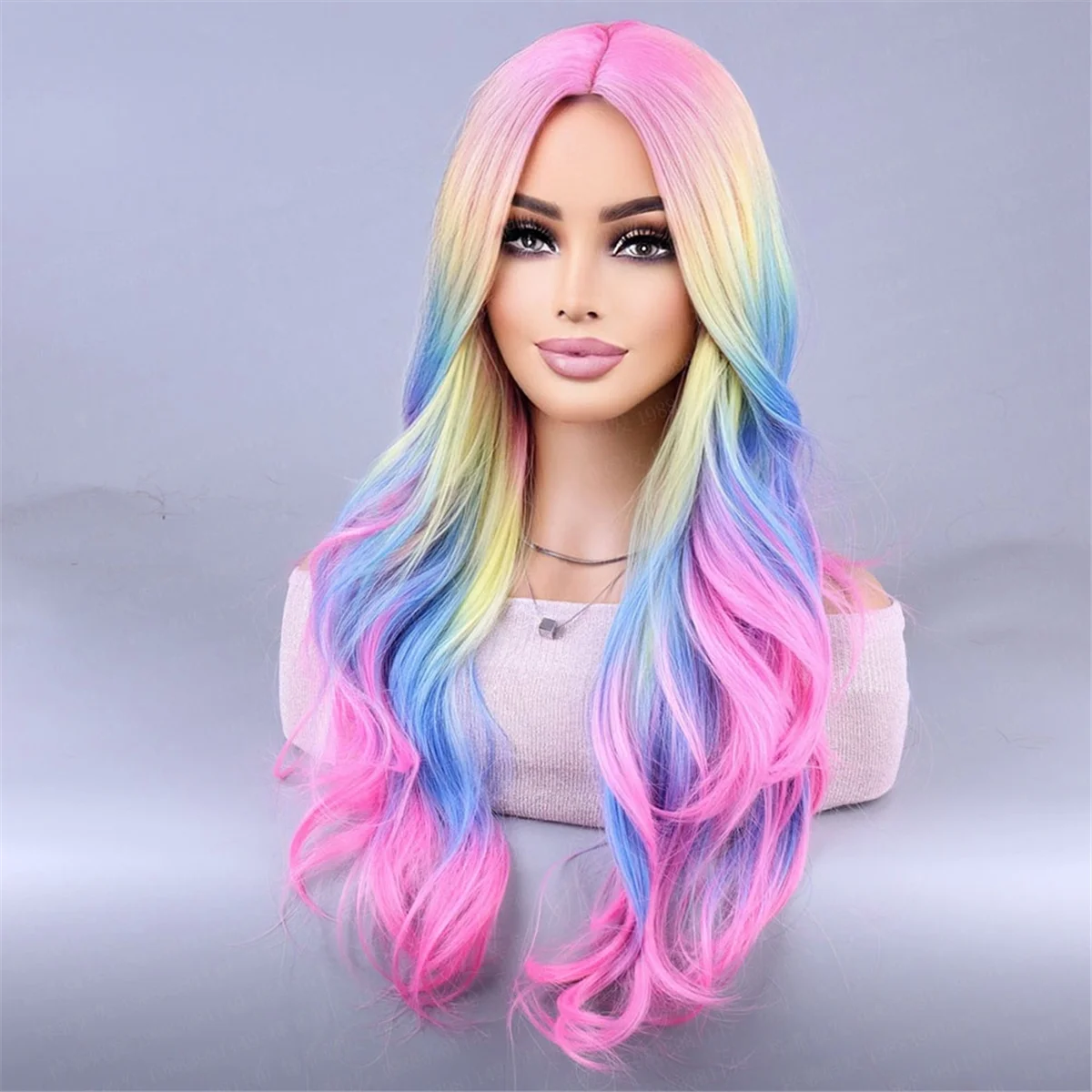 Wig pelangi warna-warni Wig Cosplay Eropa & Amerika di pinggiran Wig pesta hantu Festival kulit kepala simulasi