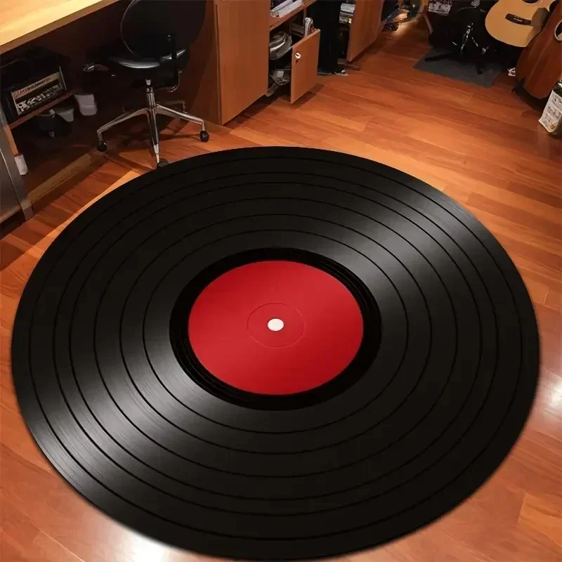 VIKAMA Round Vinyl Record Area Rug Retro Music Disc Non‑slip Floor Mat For Bedroom Music Room Home Decor