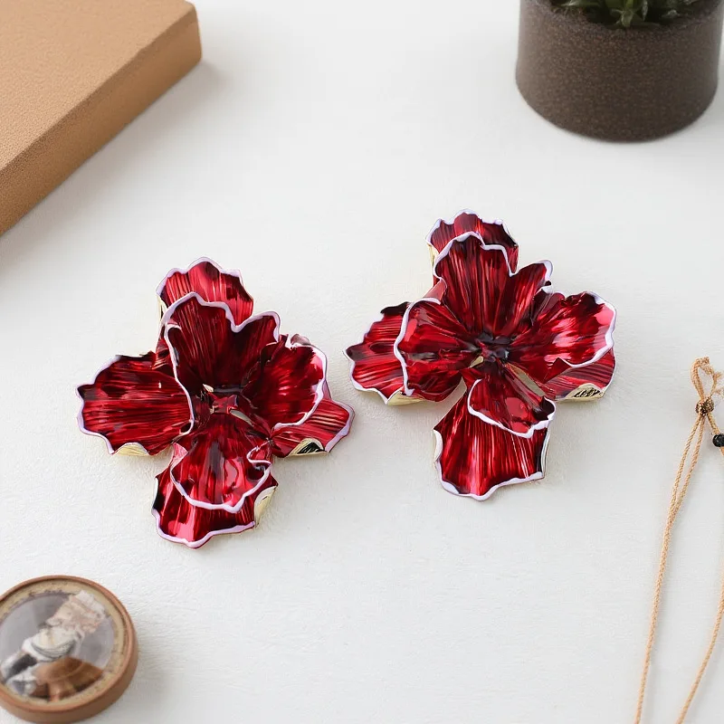 European American Punk Style Large Flower Drop-Shaped Enamel-Etched Earrings Three-Dimensional Layered Irregular Exaggerated