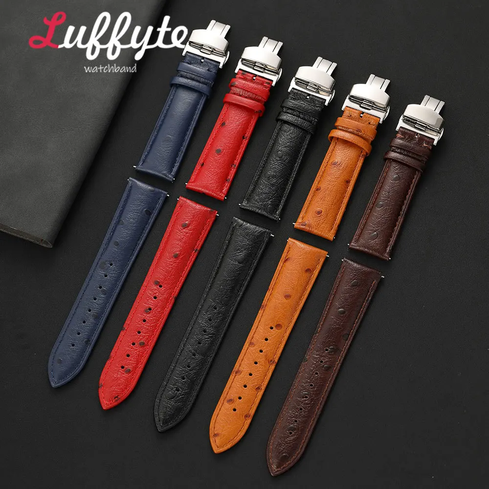 Men Women Ostrich Texture Watch Band 18mm 20mm 22mm Quick Release Spring Bar Butterfly Clasp Replacement Calfskin Watch Strap