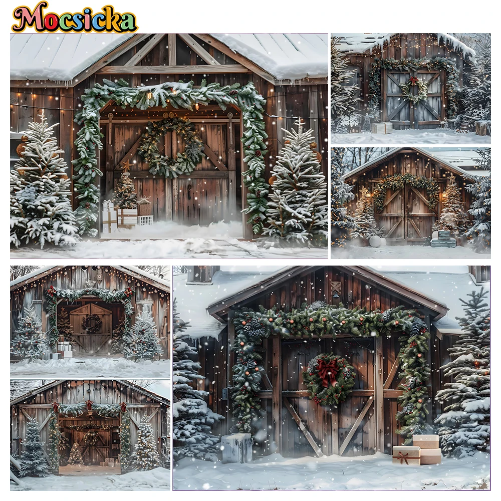 

Mocsicka Winter Christmas Photography Background Rustic Barn Door Holiday Party Family Portrait Photo Backdrops Studio