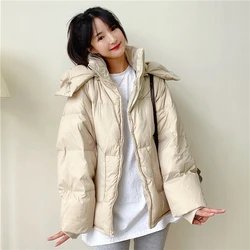 2022 Winter Women Down Jackets New Korean Casual Solid Color Stand Collar Hooded Warm Coat Fashion Retro Loose Female Outerwear