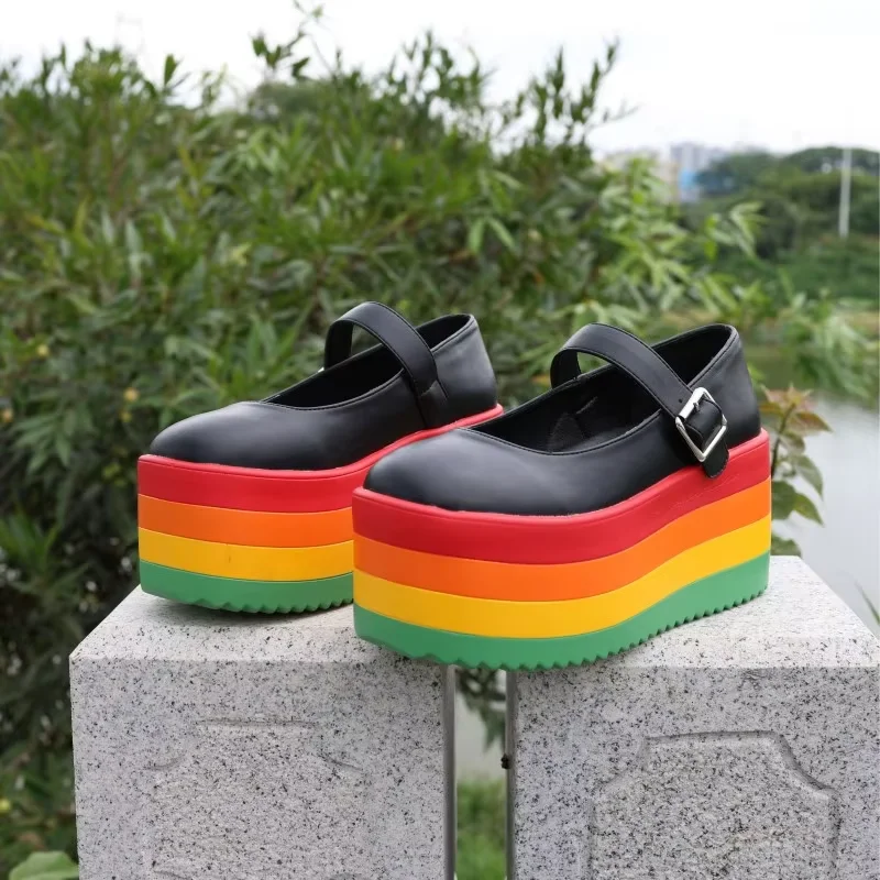 الحلو مختلط اللون قوس قزح النساء مضخات موضة صندل بكعب مكتنز منصة حزام مشبك حذا فردي للسيدات كل مباراة عادية ماري جينس أنثى #4