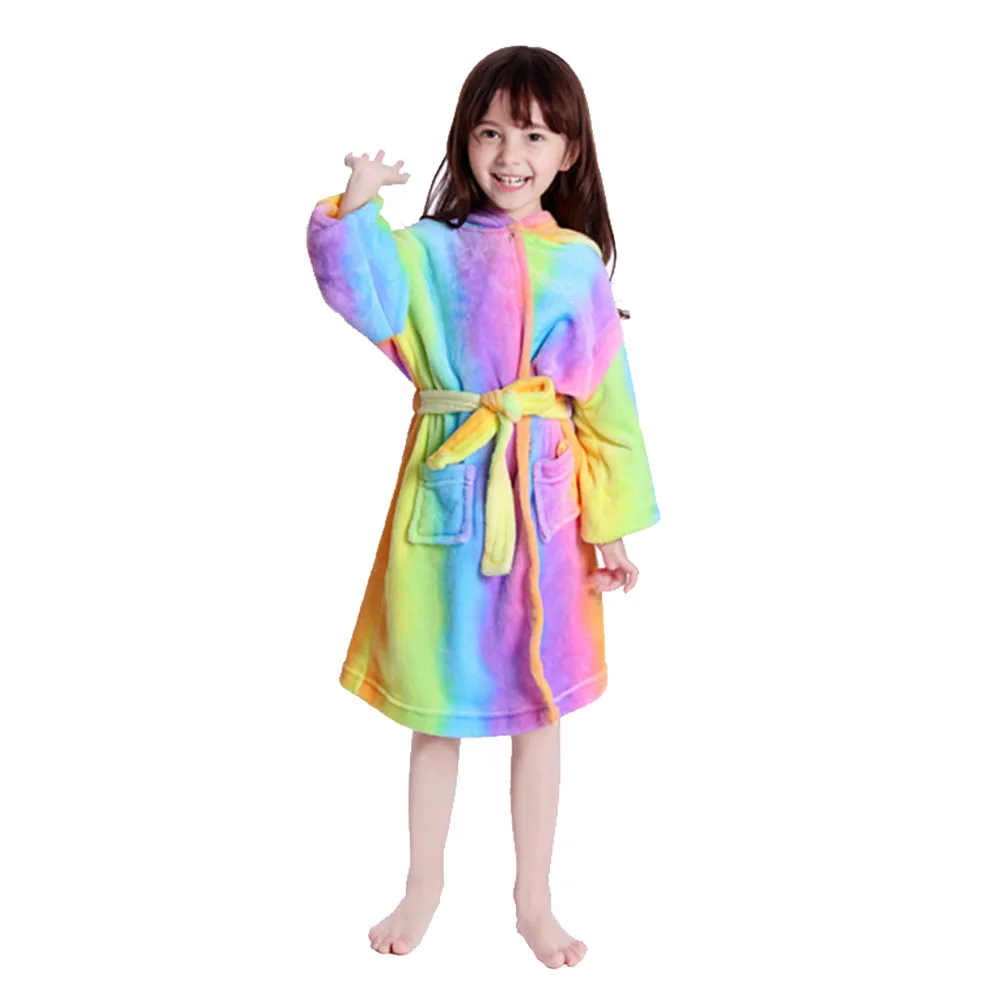 

Kids Rainbow Unicorn Flannel Bathrobe Hooded Cartoon Robe Home Nightgown Bath Swim Hot Spring 160-170cm Height Girls Nightgown