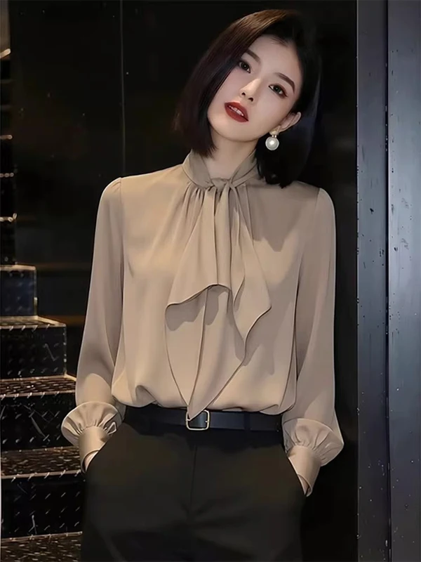

Khaki Color Luxury Ribbon Shirt Women's Spring New Style Professional Commute Versatile Slimming Trendy Button-Up Casual Shirt