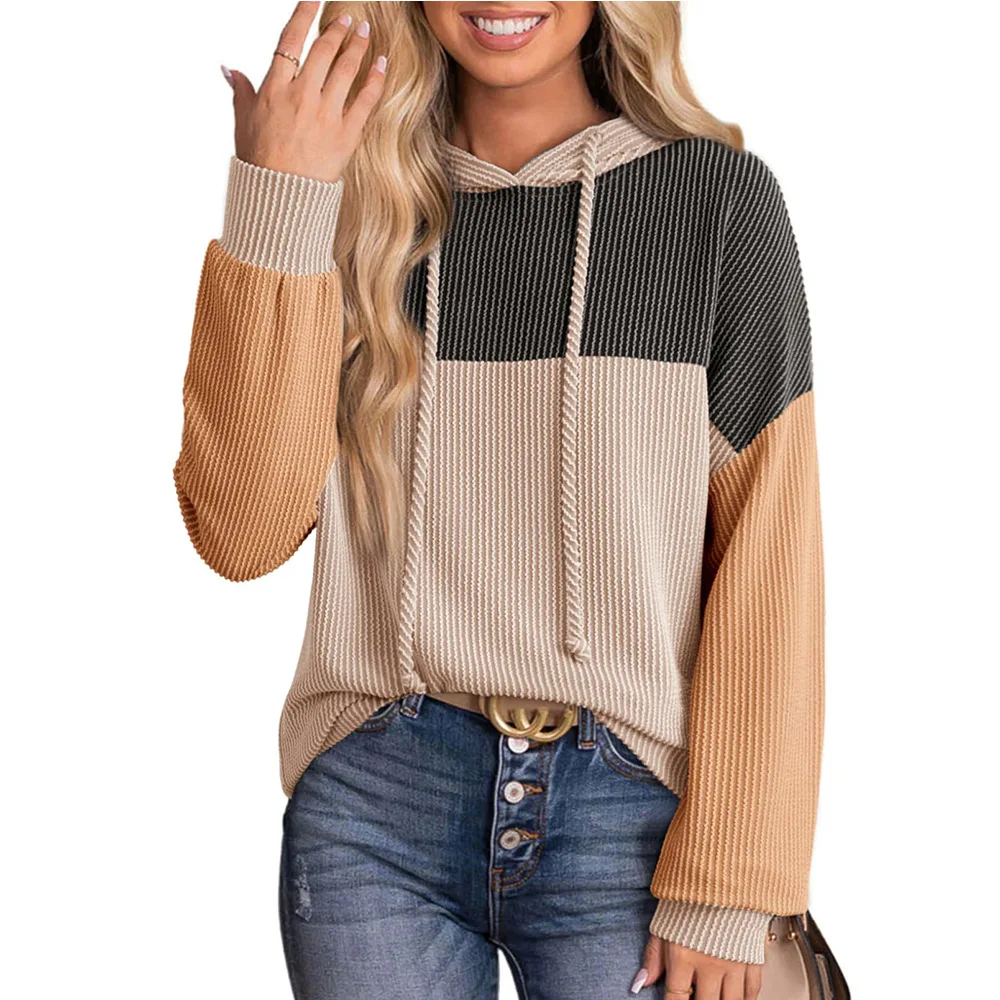 Damen Kleidung Autumn Winter Hooded Color-blocked Long-sleeved Hoodie Loose Sweatshirt Women Versatile Loose Pullover Sweatshirt