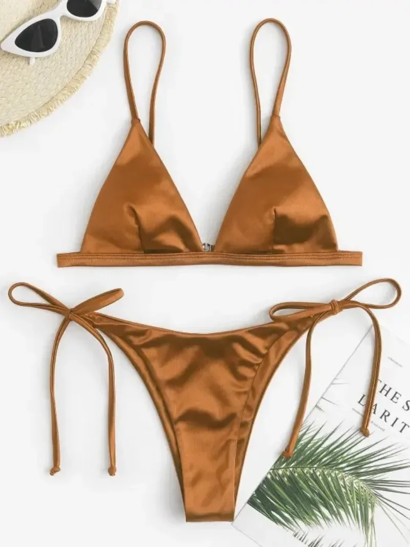 

sexy satin micro mini Bikini Sets two pieces Woman tie swimsuit Swimwear Biquini beach outfits bakini conjunto de bikini